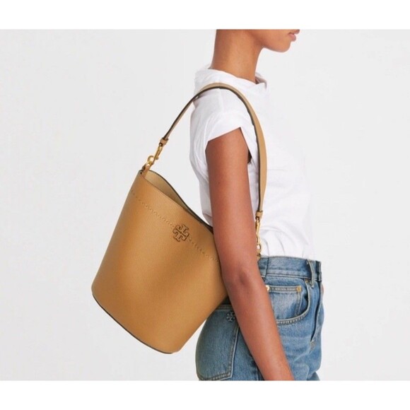 Tory Burch McGraw Tiramisu Tan Leather Bucket Tote/Shoulder Bag Authentic New - Picture 7 of 7